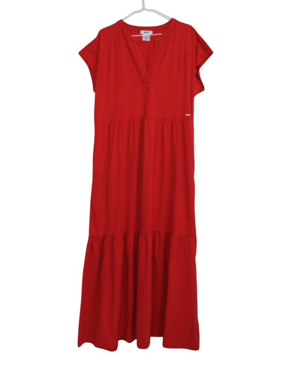 DKNY Women's Red Maxi Dress With Short Sleeves & Tiered Design Size M